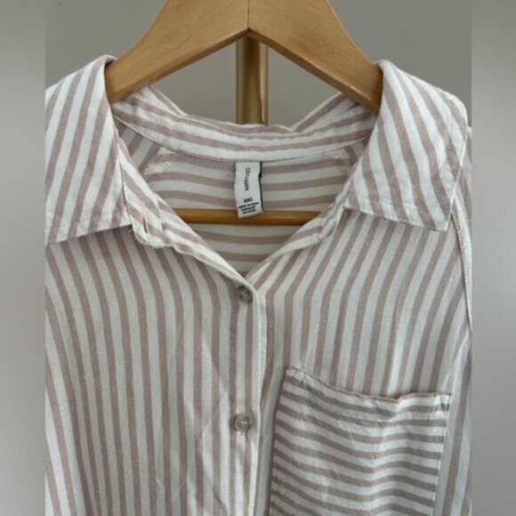 Gentle Fawn Beige White Striped Button Down Blouse 2XS XS Rayon Lightweight Casu - Picture 4 of 5